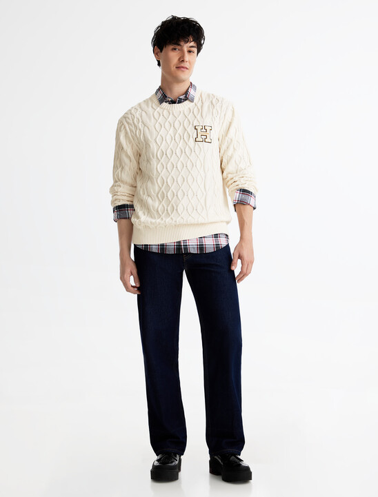 Cable Knit Letterman Applique Sweater