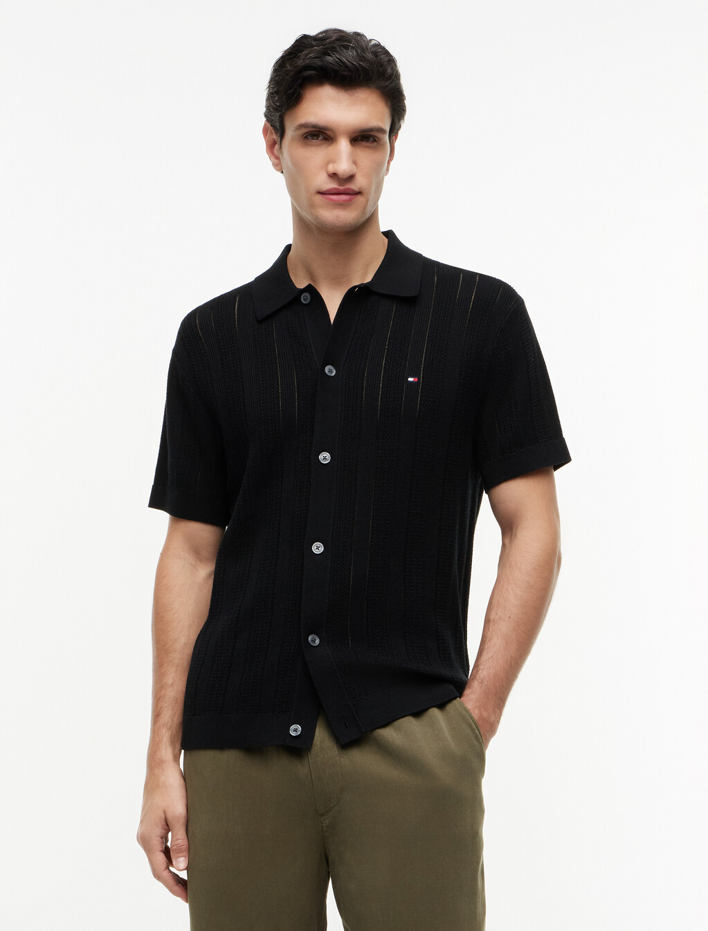 Relaxed Pointelle Short Sleeve Shirt With Linen, Black Heather, hi-res
