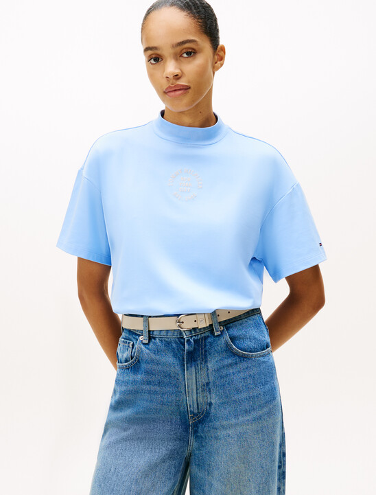 Stamp Print Relaxed Mock Neck T-Shirt