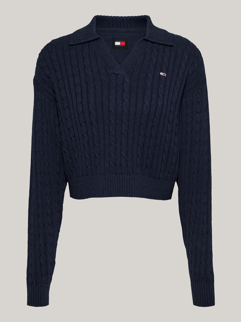 Rugby Collar Cable Knit Boxy Jumper, Dark Night Navy Melange, hi-res