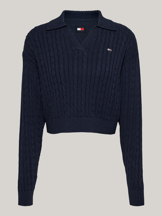 Rugby Collar Cable Knit Boxy Jumper