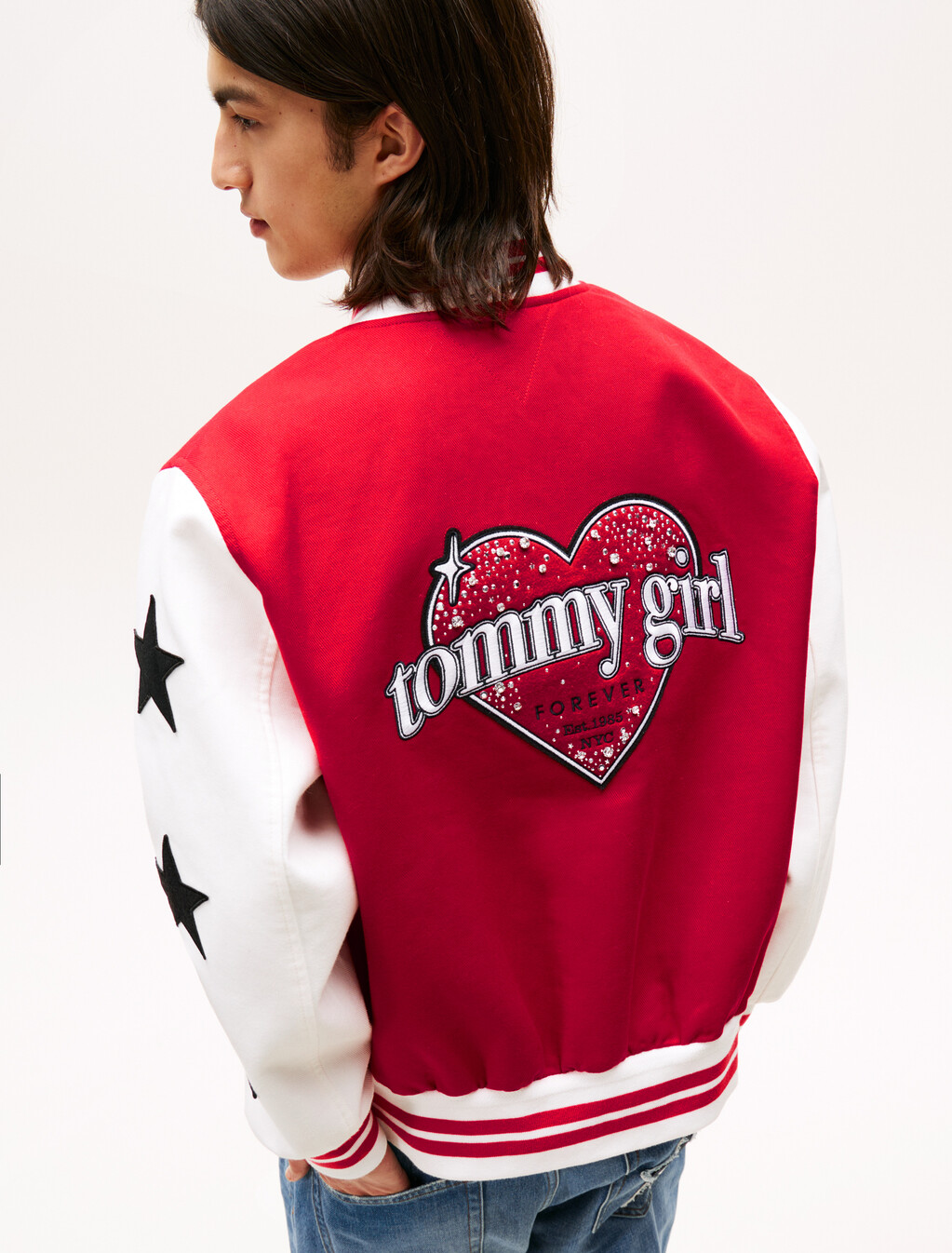 Tommy Girl Back Logo Oversized Varsity Jacket, Primary Red / Ecru, hi-res