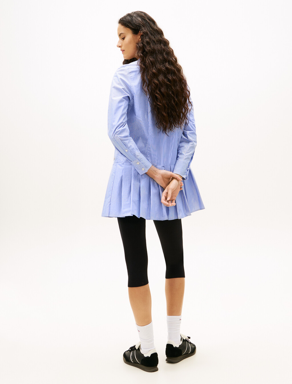 Metallic Pleated Relaxed Mini Shirt Dress, Light Blue, hi-res