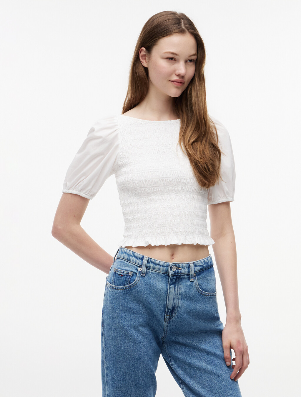 Smock Poplin Slim Short Sleeve Blouse, Ecru, hi-res