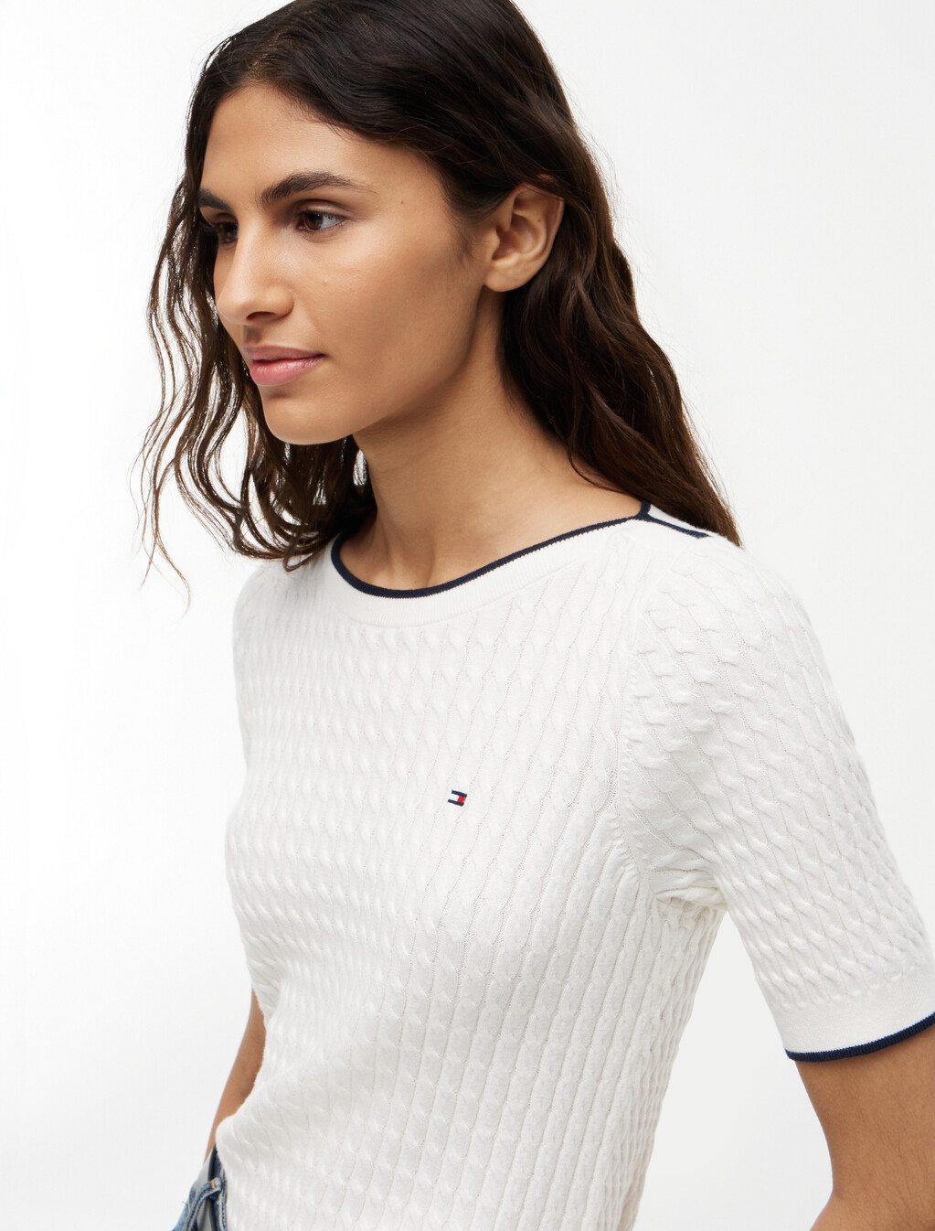 Cable Knit Boat Neck Short Sleeve Jumper, Ivory Petal, hi-res