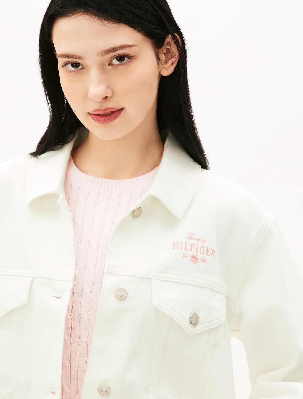 Embroidered Cropped Denim Jacket, Ecru, hi-res