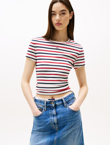 Essential Rib Knit Slim T-Shirt, White / Red / Navy Stripe, hi-res
