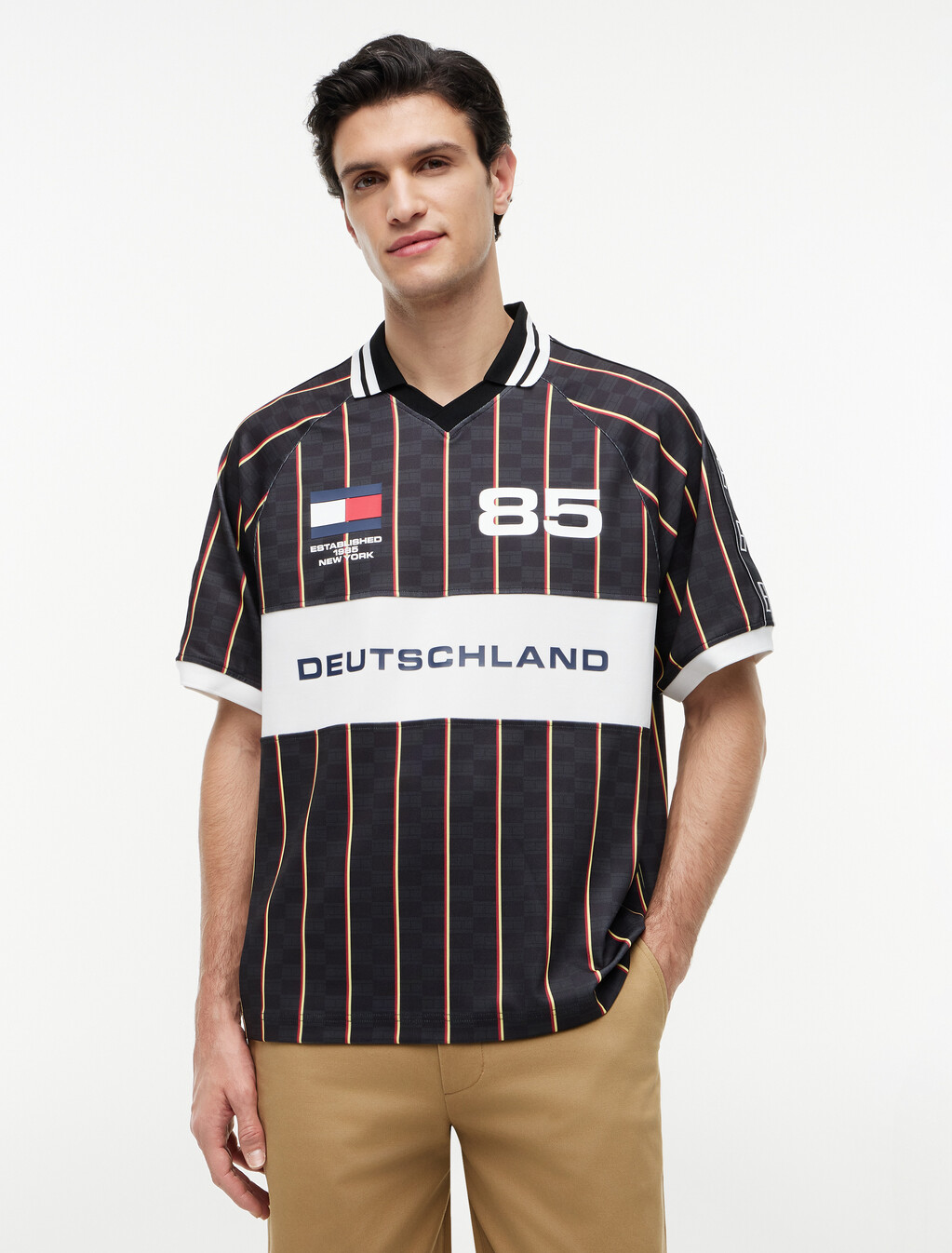 Geometric Flag Print Short Sleeve Rugby Shirt, Black, hi-res