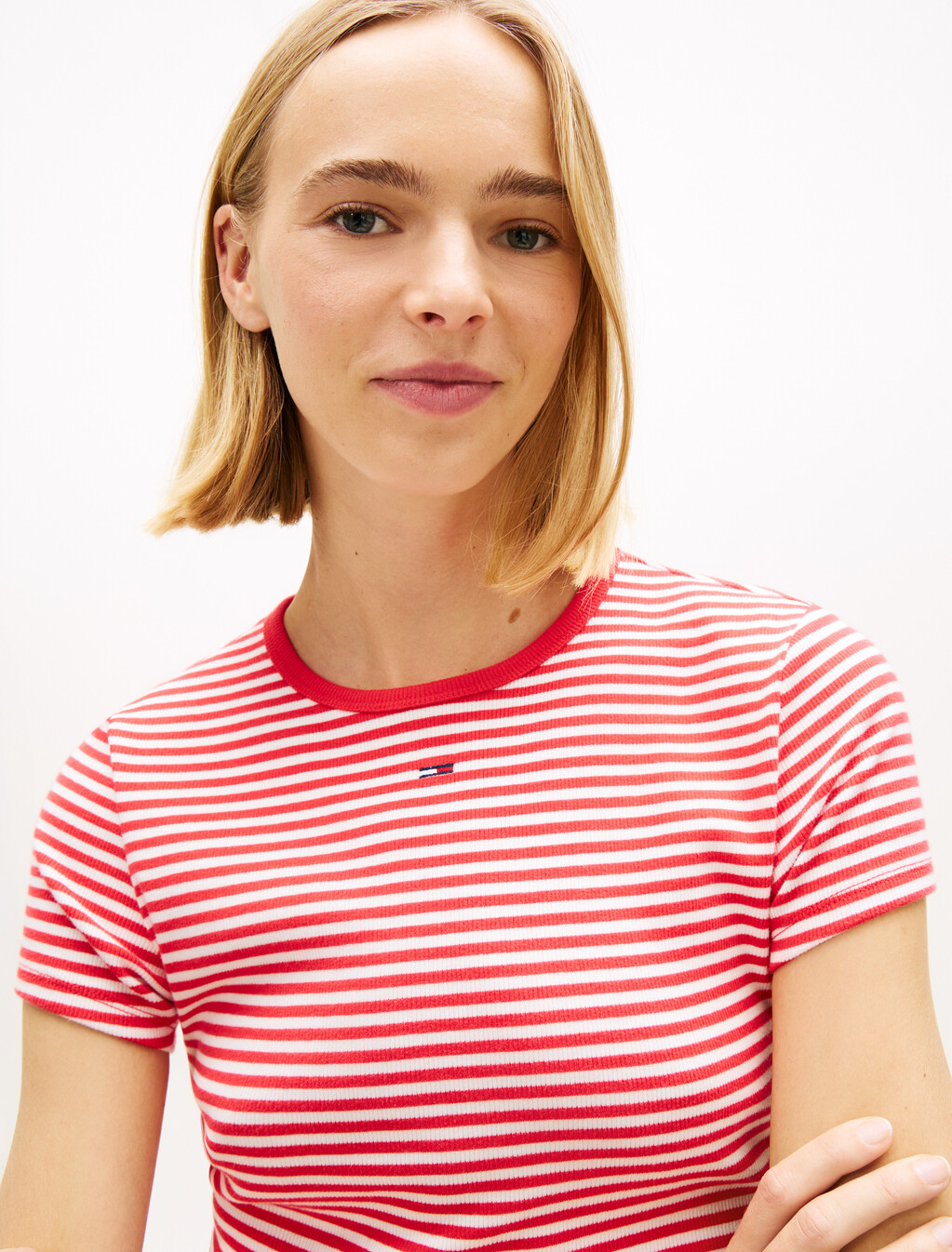 Essential Rib Knit Slim T-Shirt, Red / Stripe, hi-res