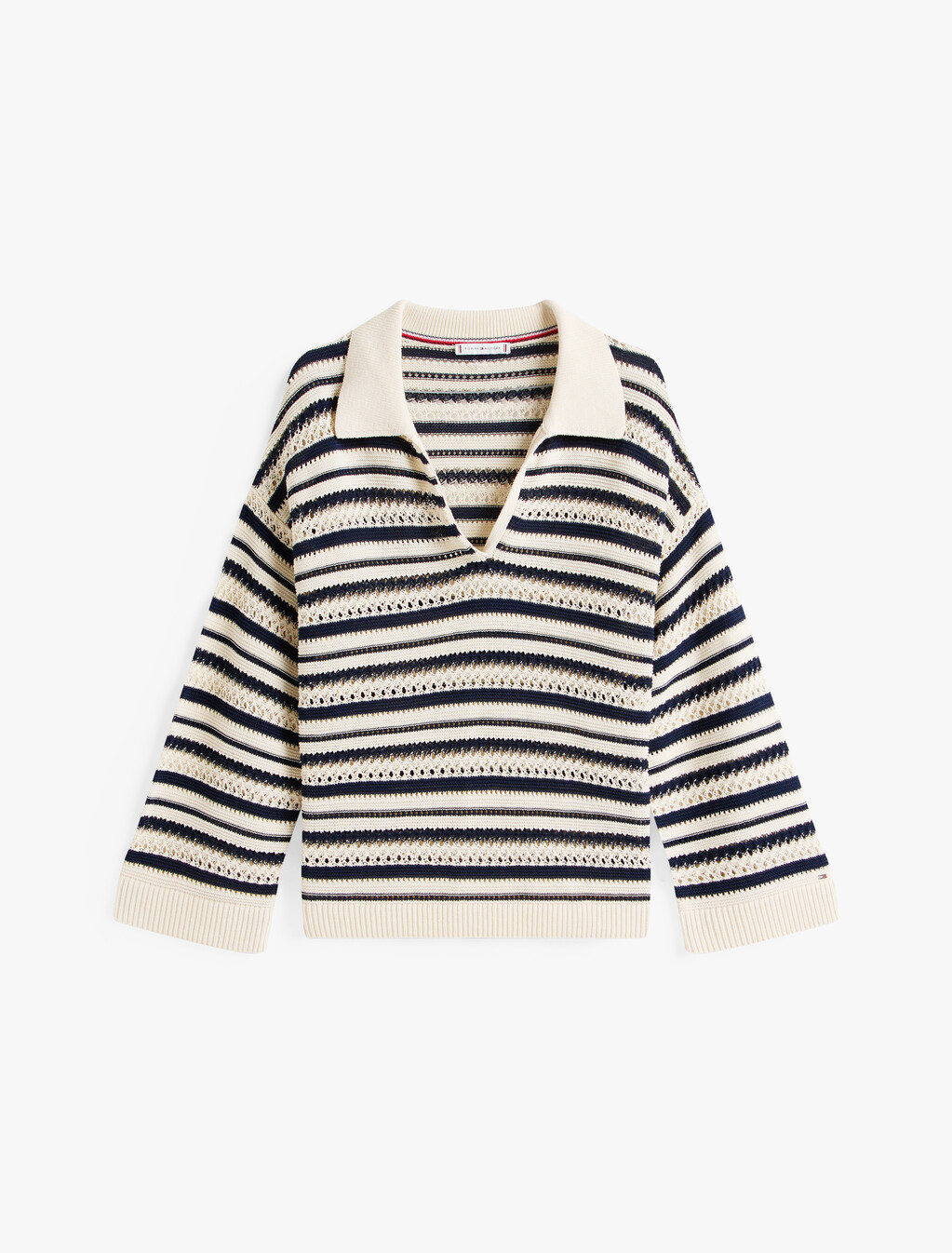 Crochet Relaxed Polo Sweater, Desert Sand Dune/Dark N N Stp, hi-res