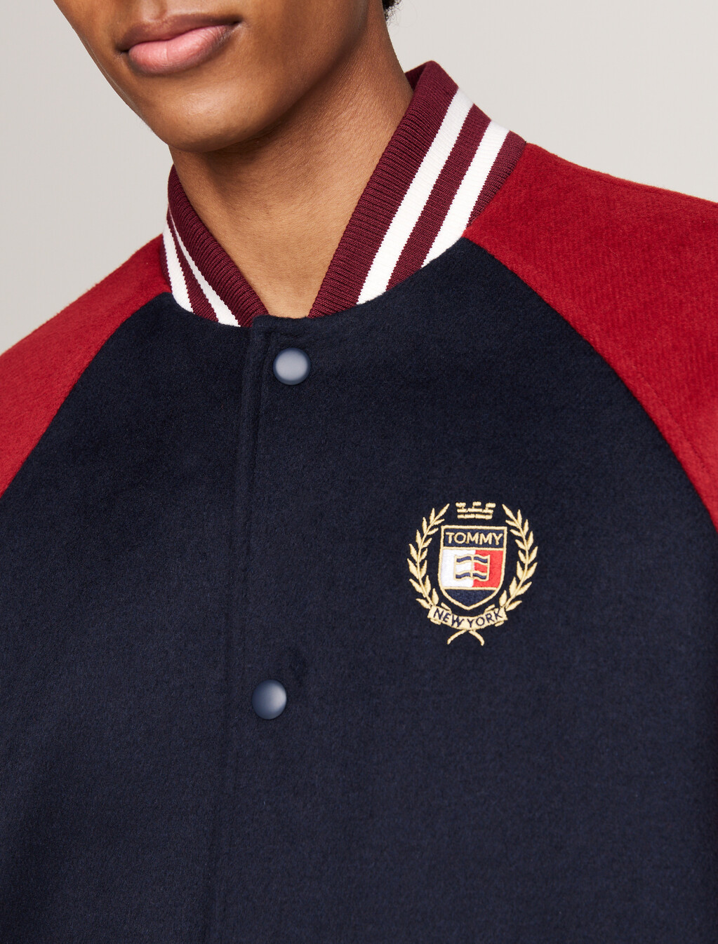 Embroidery Bomber Jacket With Wool, Dark Night Navy / Regatta Red, hi-res