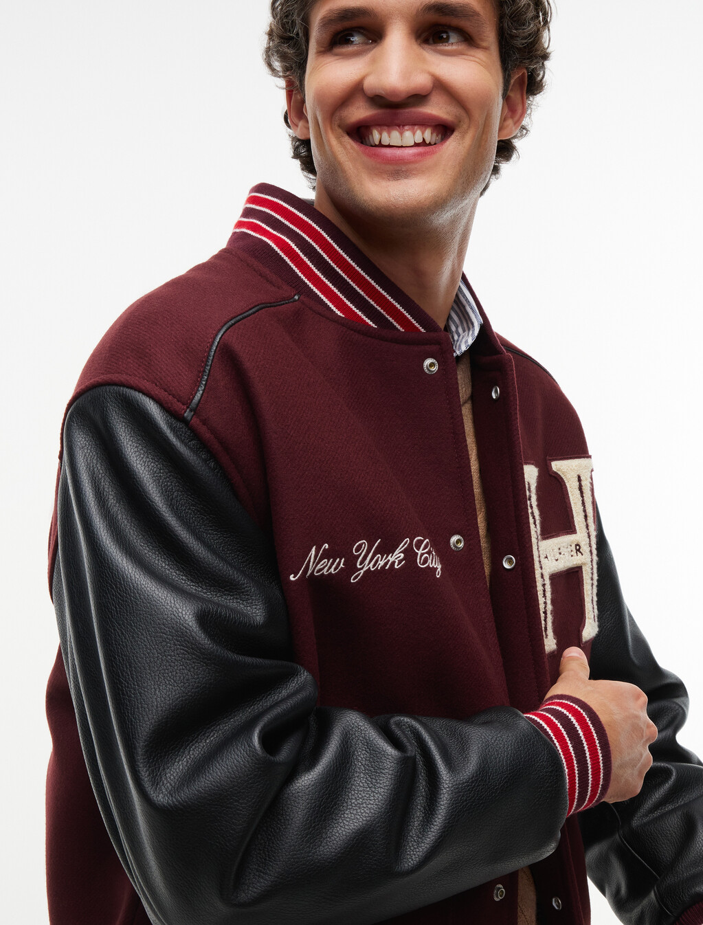 Wool Blend Varsity Jacket With Cashmere, Burgundy Velvet, hi-res