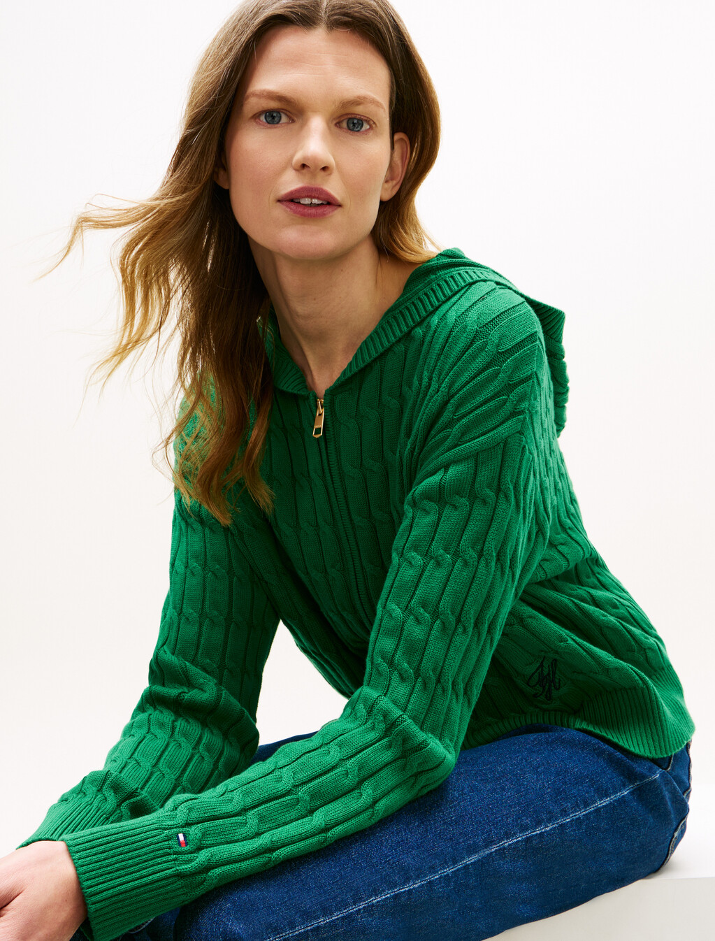 Cable Knit Zip Thru Hoodie, Nouveau Green, hi-res