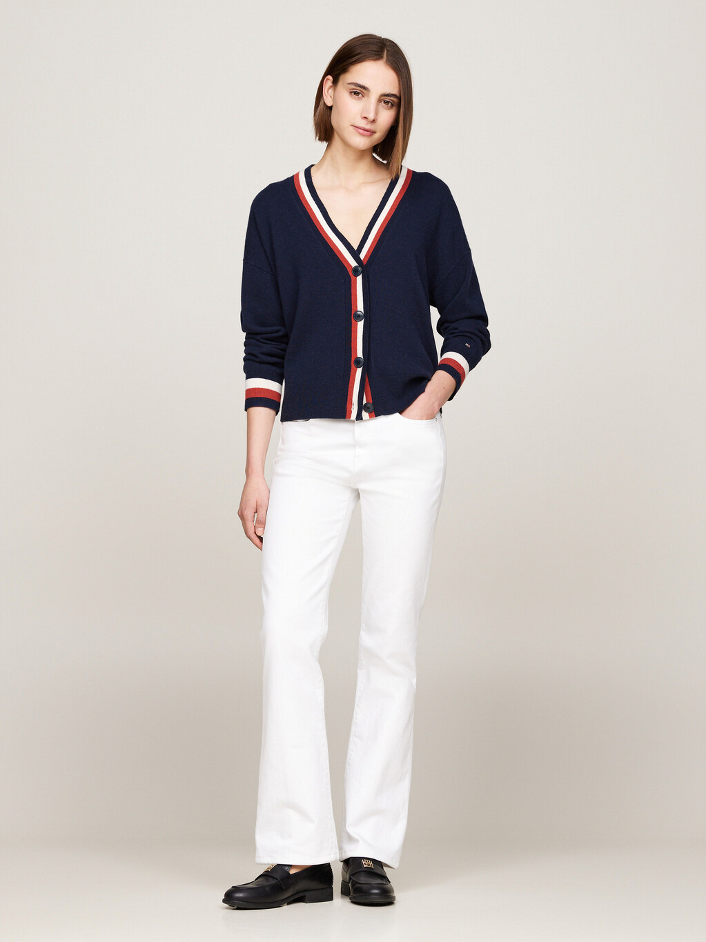 Global Stripe Wool Cashmere Cardigan, Desert Sky, hi-res