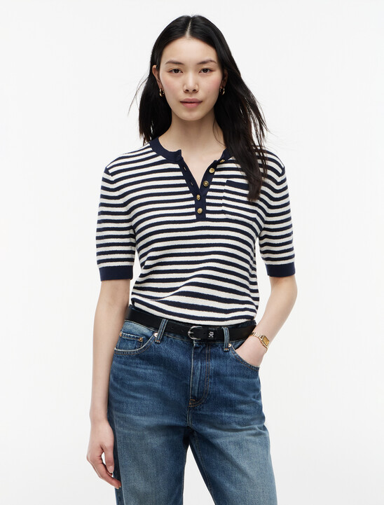 Gold-Tone Button Henley Short Sleeve Jumper