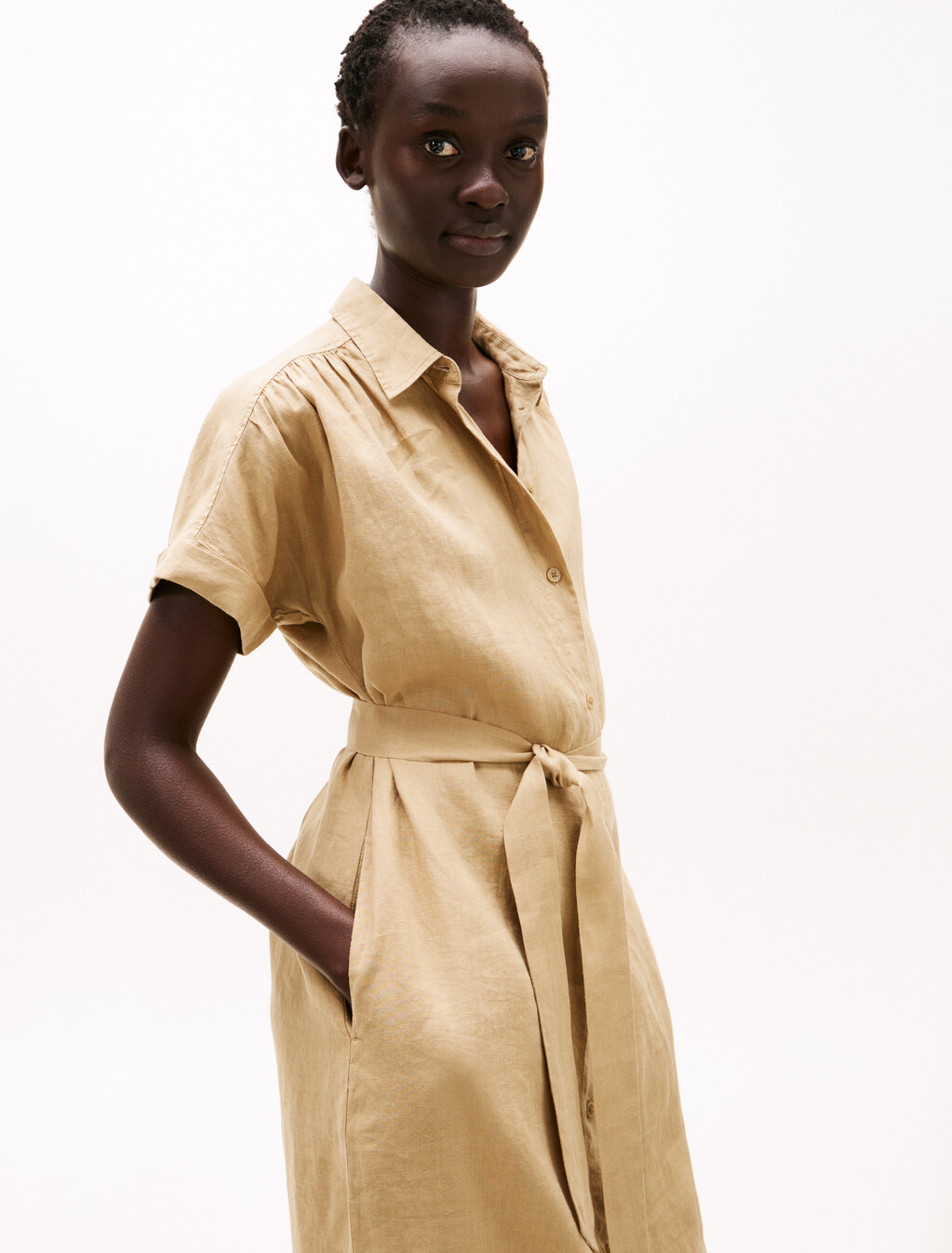 Pure Linen Midi Shirt Dress, Camel, hi-res
