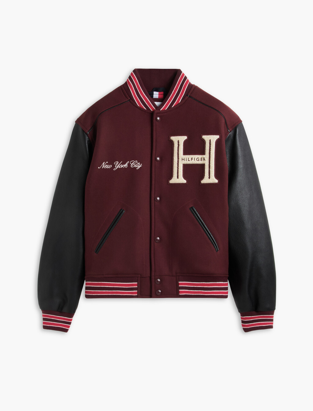 Wool Blend Varsity Jacket With Cashmere, Burgundy Velvet, hi-res