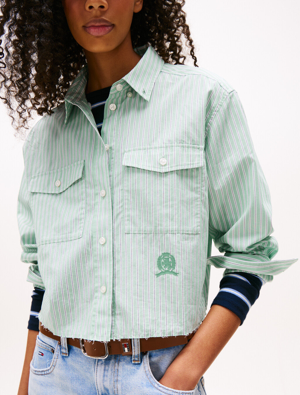 Crest Embroidery Relaxed Fit Cropped Shirt, Cloudy Jade, hi-res