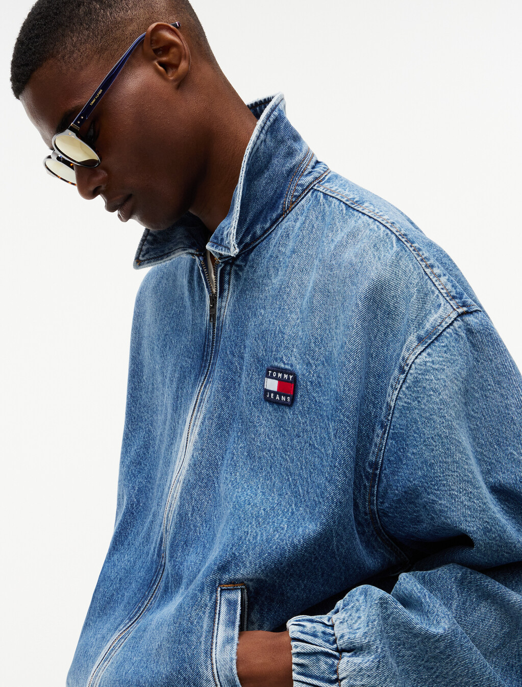 Faded Denim Relaxed Harrington Jacket, Denim Medium, hi-res