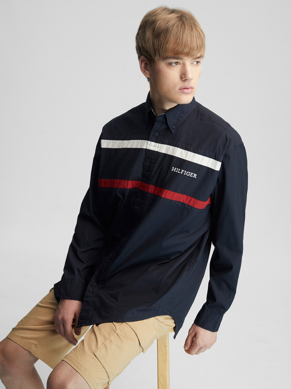 Split Global Stripe Long Sleeve Shirt, Navy / Multi, hi-res