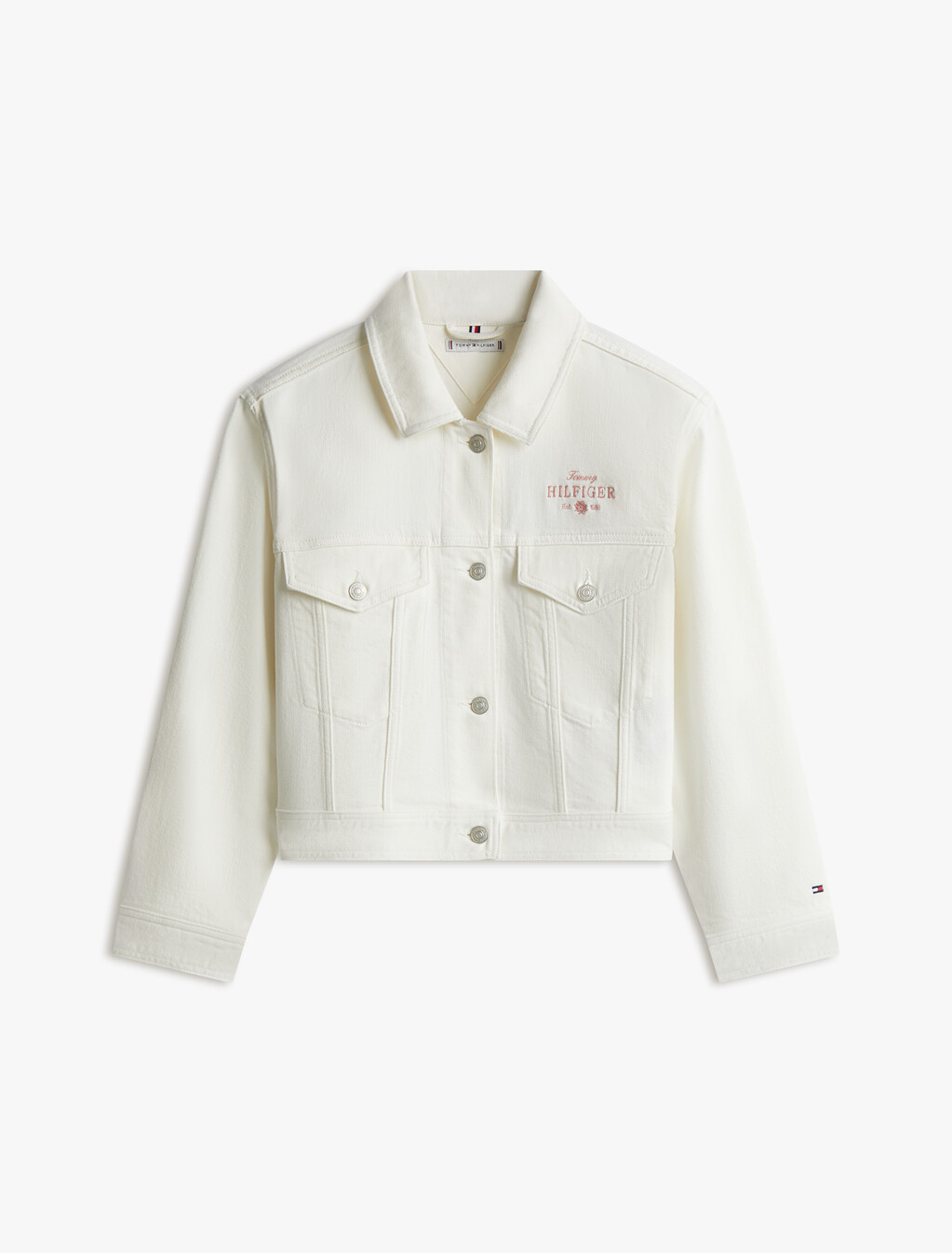 Embroidered Cropped Denim Jacket, Ecru, hi-res