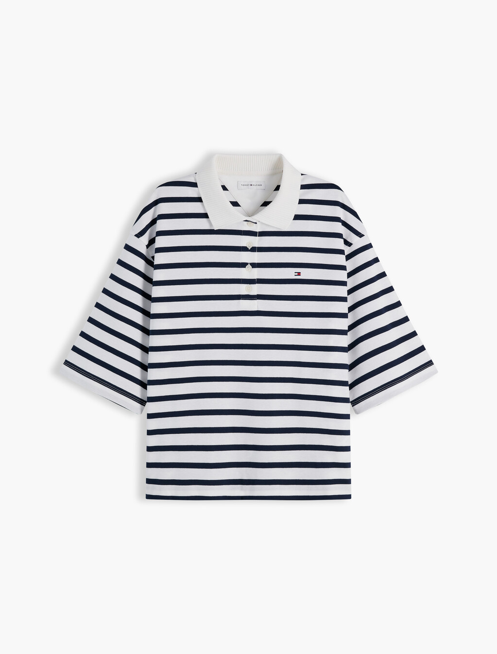 Relaxed Fit Interlock Knit Polo Shirt, Breton Stripe Ecru/Dark Night Navy, hi-res