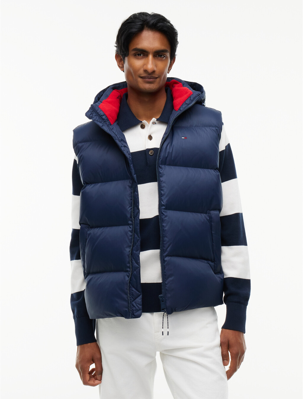 Down Hooded Zip-Thru Vest, Dark Night Navy, hi-res