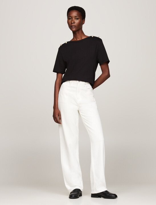 Stripe Boat Neck Relaxed T-Shirt, Black Stripe Boat Neck Relaxed T-Shirt