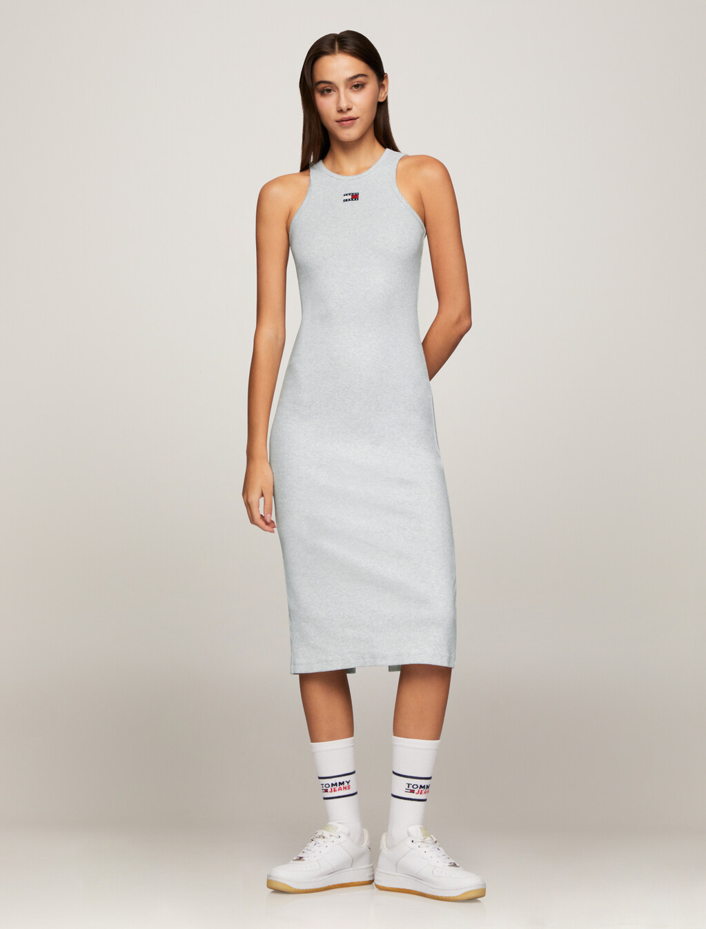 Rib Knit Flag Badge Racer Dress, Silver Grey Htr, hi-res