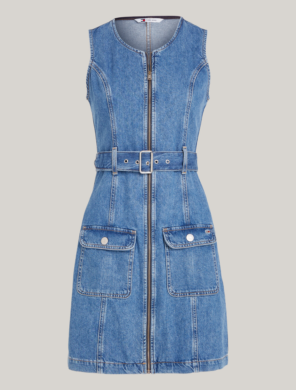 Belted Zip-Thru Denim Bodycon Dress, Denim Medium, hi-res