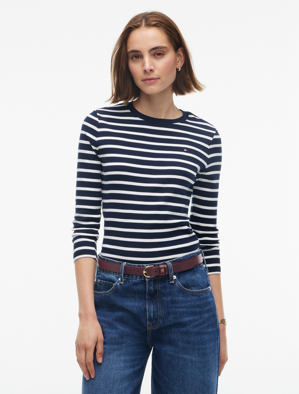 Slim Crew Neck Long Sleeve T-Shirt, Stripe Dark Blue / Ecru, hi-res