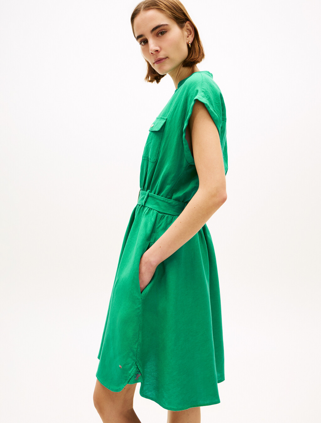 Belted Relaxed Mini Shirt Dress, Courtside Green, hi-res