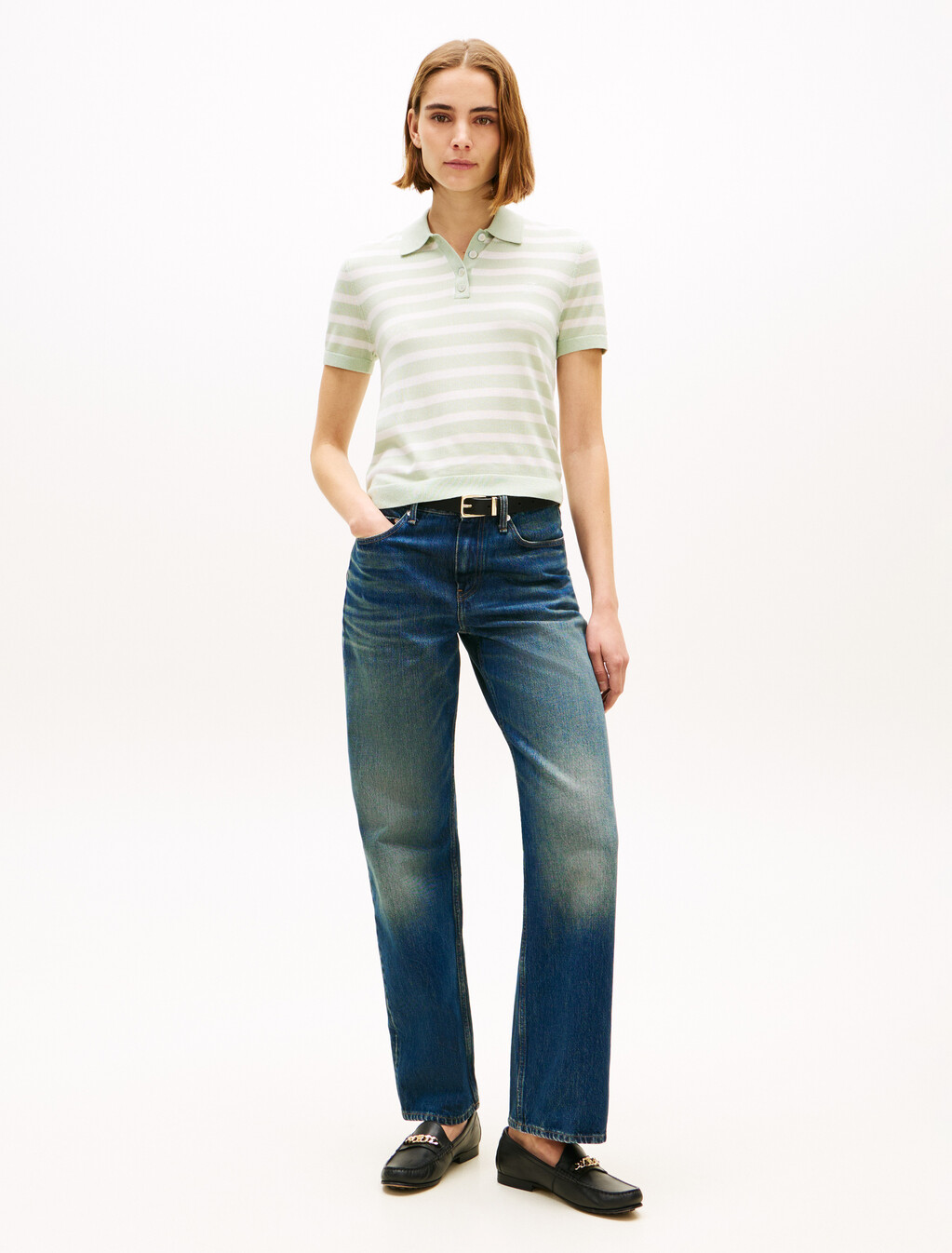 Short Sleeve Polo Jumper With Silk, Gentle Jade/Ivory Petal Stp, hi-res