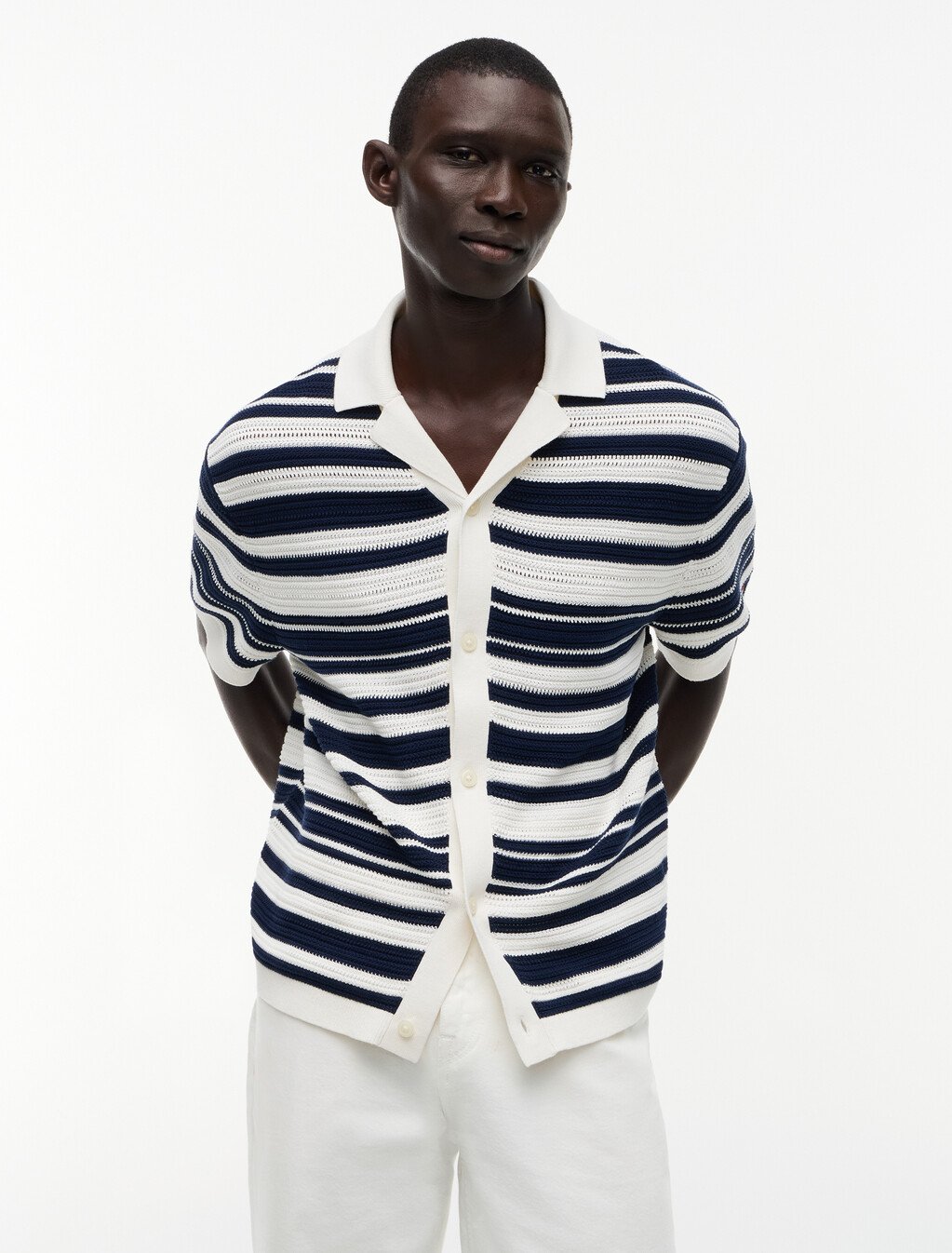 Regular Breton Stripe Short Sleeve Shirt, Ivory Petal/ Carbon Navy, hi-res