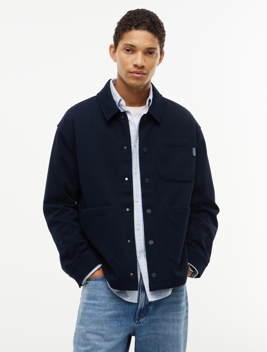 Mixed Texture Relaxed Chore Jacket, Navy Blue, hi-res