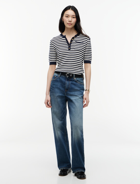 Gold-Tone Button Henley Short Sleeve Jumper