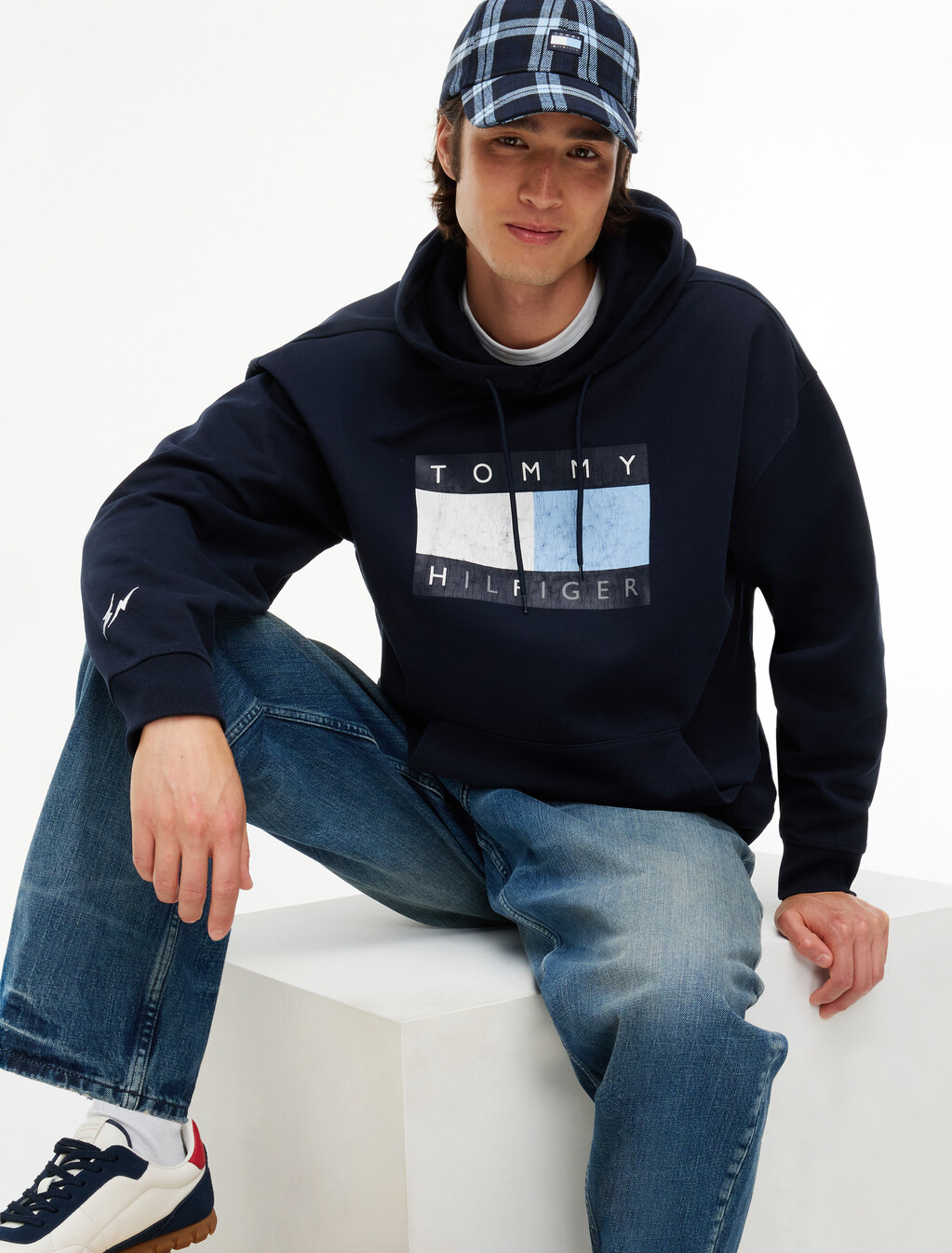 Washed Flag Logo Fleece Relaxed Hoody, Navy Blue, hi-res