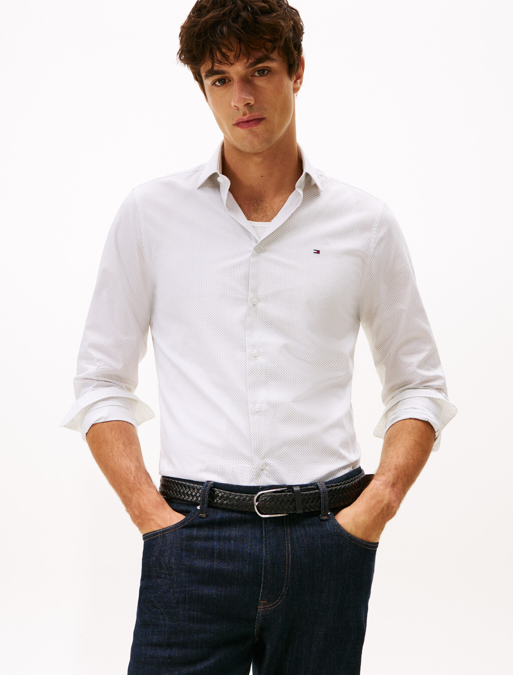 Micro Print Slim Shirt, Earth Sage / Allover, hi-res