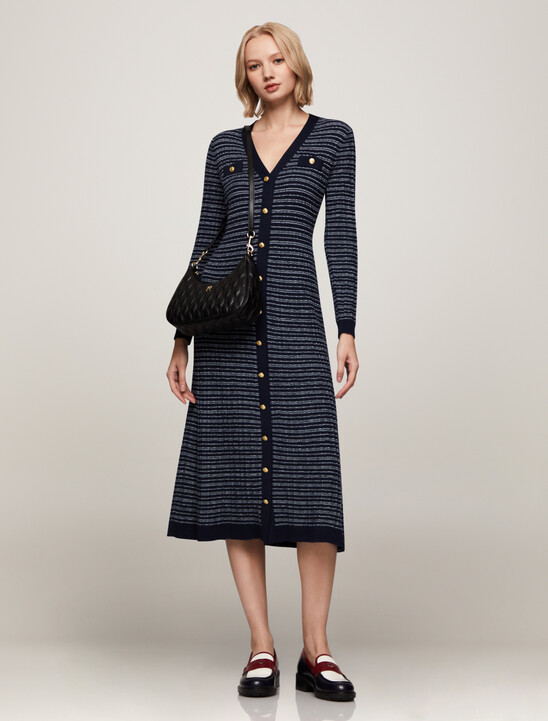 Textured V Neck Knit Sweater Dress