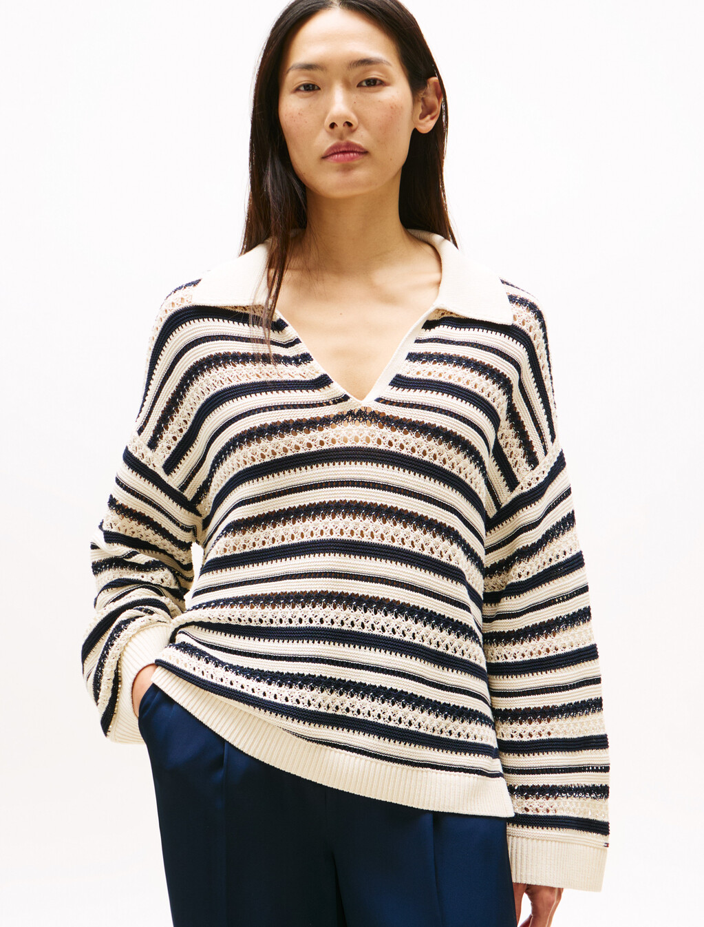 Crochet Relaxed Polo Sweater, Desert Sand Dune/Dark N N Stp, hi-res