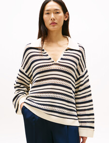 Crochet Relaxed Polo Sweater, Desert Sand Dune/Dark N N Stp, hi-res