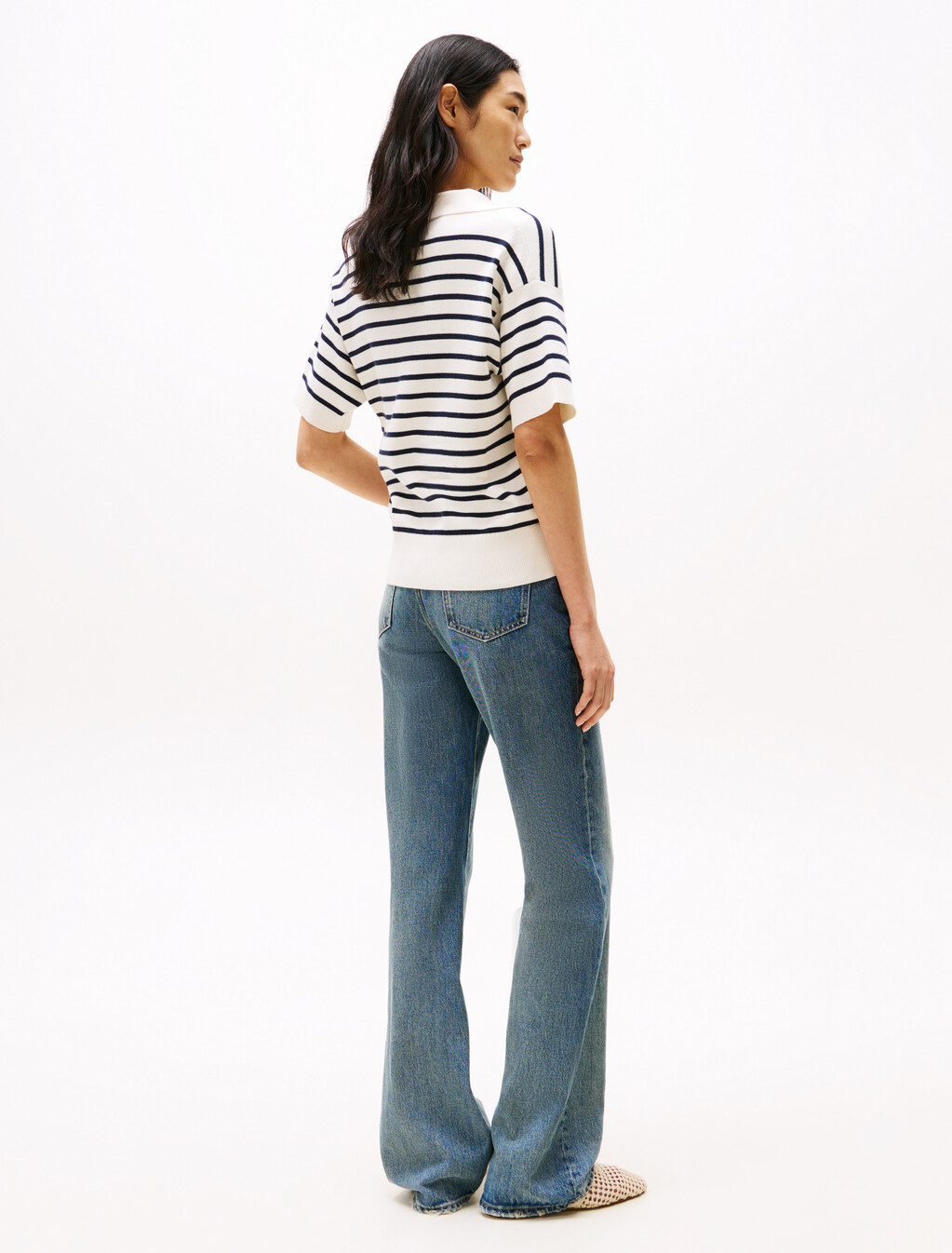 Stripe Short Sleeve Polo Jumper, Ivory Petal/Dark Night Navy Stp, hi-res