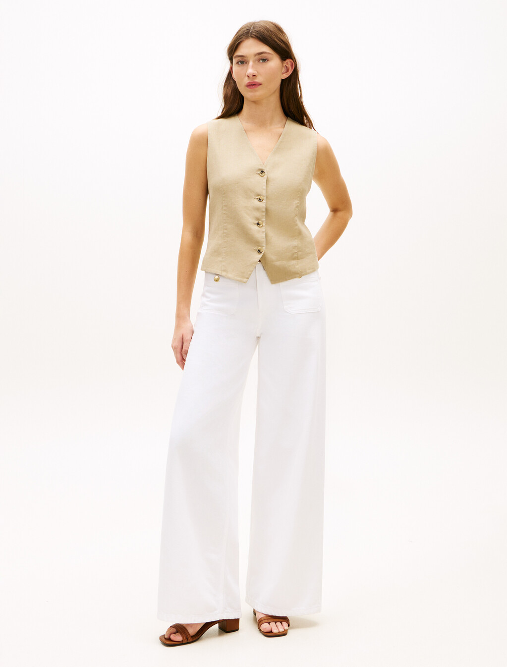 Essential Linen Vest, Beige, hi-res