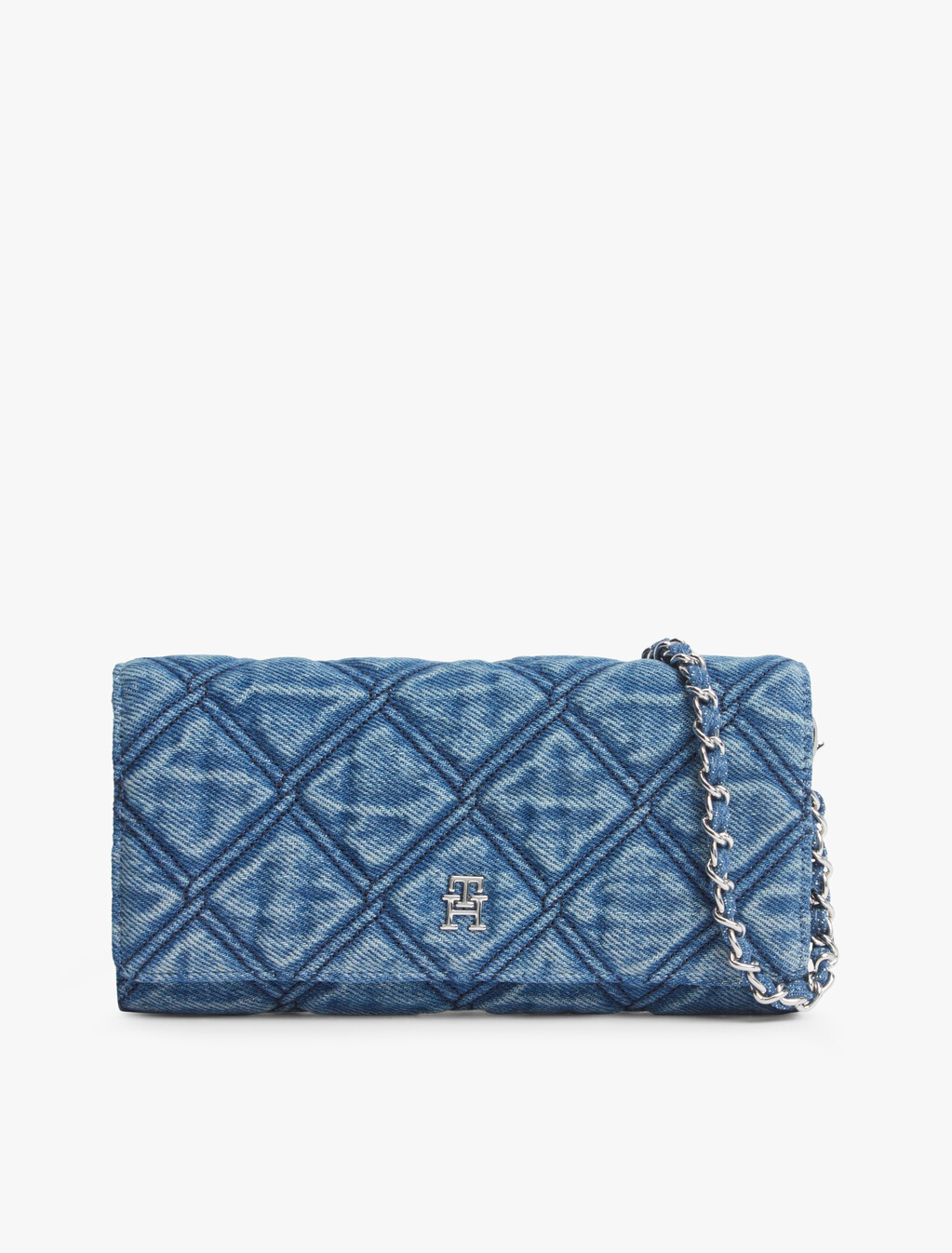 Quilted Denim Chain Strap Wallet, Denim, hi-res