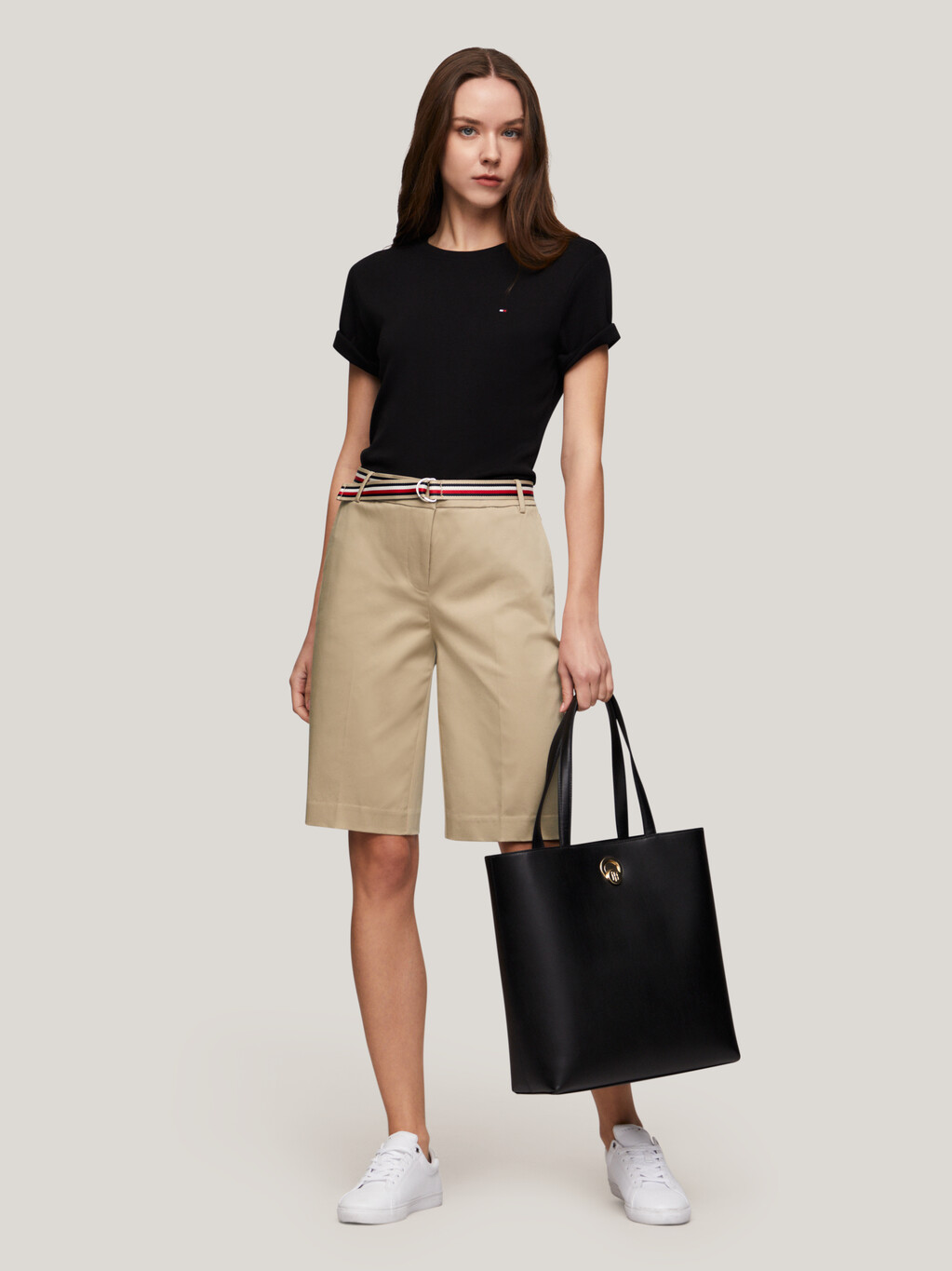 Belted Bermuda Shorts, Beige, hi-res