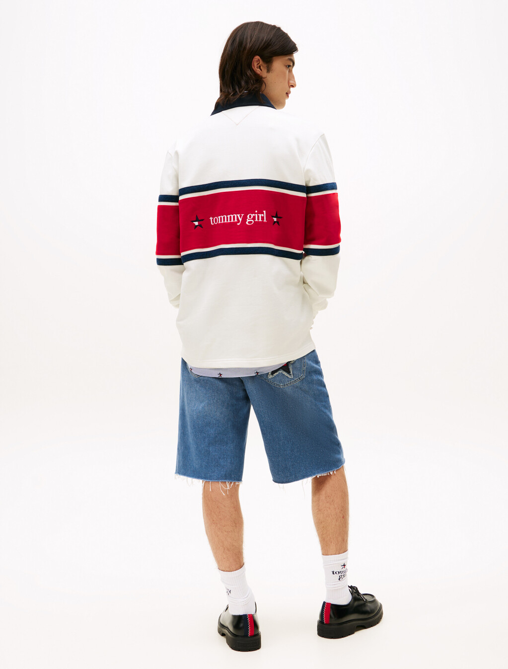 Tommy Girl Back Logo Relaxed Stripe Rugby Shirt, Ecru, hi-res
