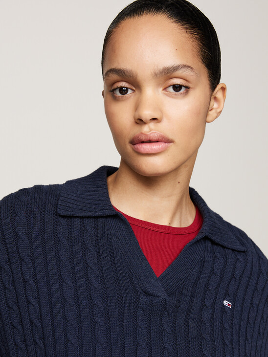 Rugby Collar Cable Knit Boxy Jumper