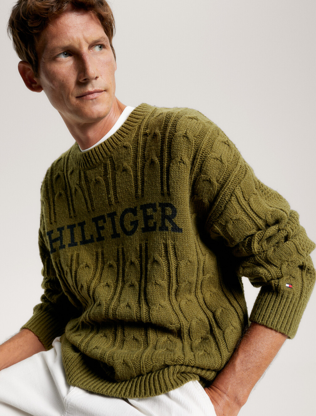 Hilfiger Monotype Cable Knit Oversized Jumper, Putting Green/ Desert Sky Print, hi-res