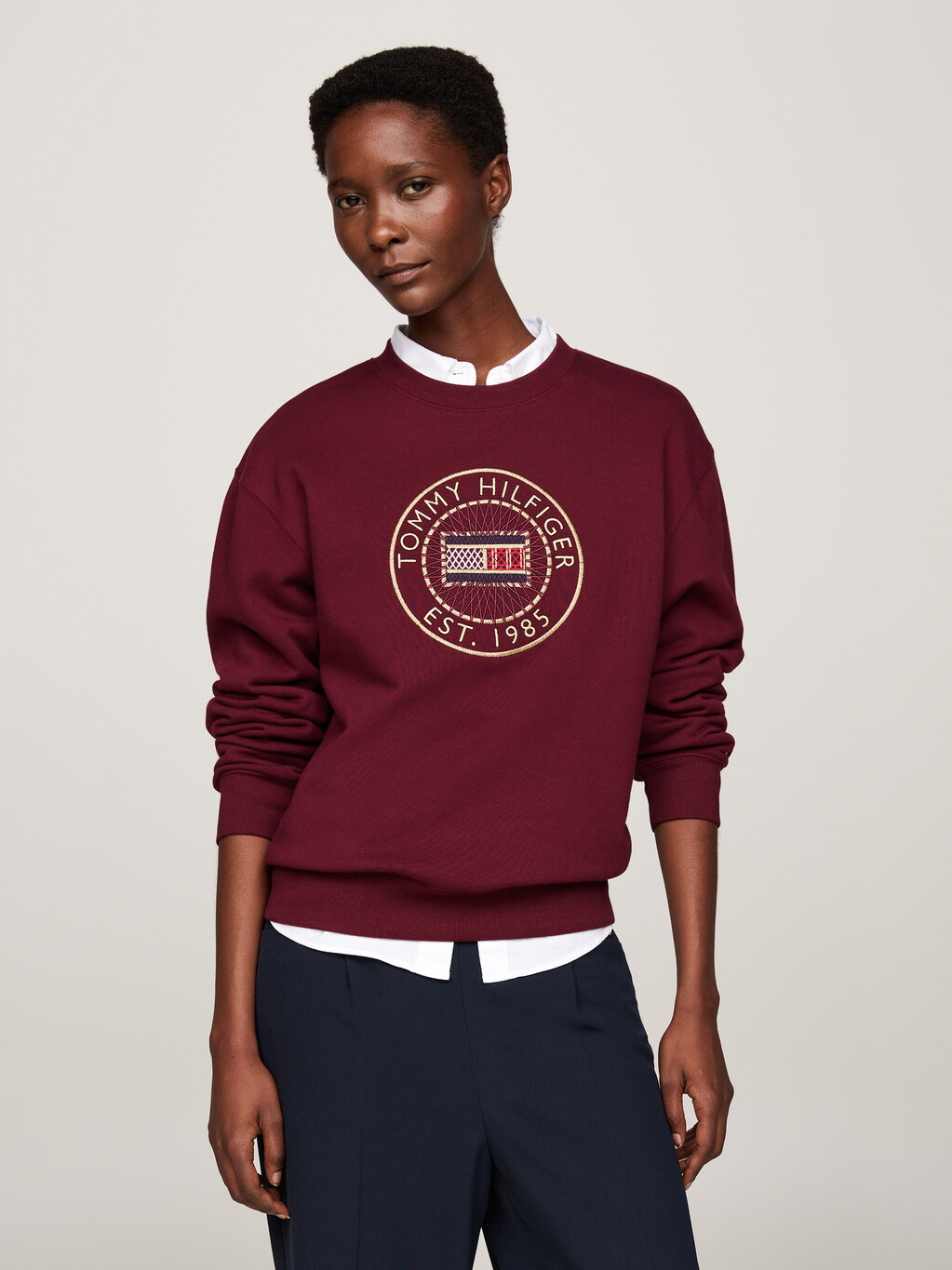 Logo Embroidery Crew Neck Sweatshirt, Deep Rouge, hi-res