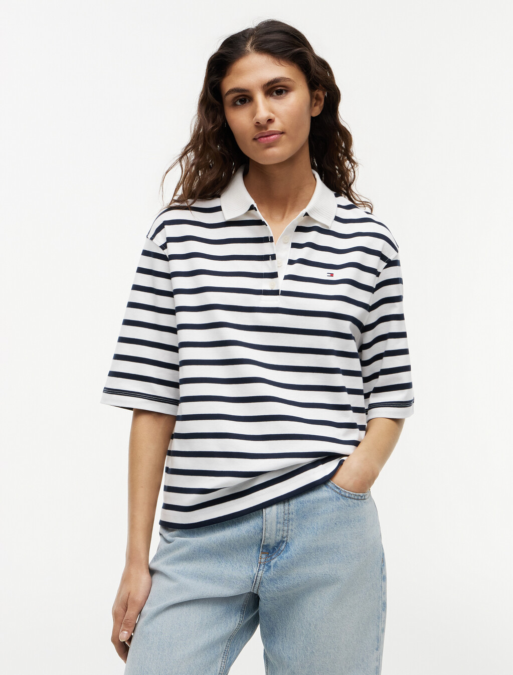 Relaxed Fit Interlock Knit Polo Shirt, Breton Stripe Ecru/Dark Night Navy, hi-res